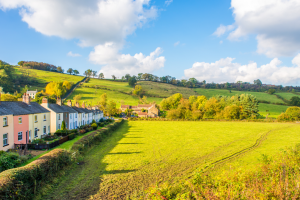 A line of colourful houses back onto rolling green hills
