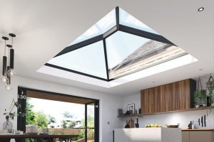 An pyramid skylight set in a white ceiling