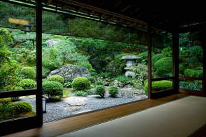 An enclosed garden space with Asian influences