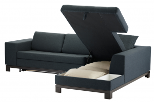 A dark sofa with the seat lifted to reveal hidden storage space