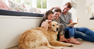 image of a family stroking a golden retriever