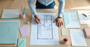 A person is leaning over a desk with architectural blueprints, marking with a pen. The desk is cluttered with papers, a mug, and pastel stationery, conveying focus and creativity.