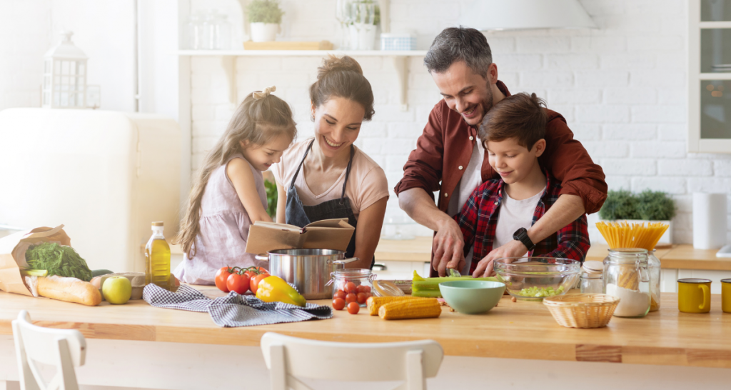 A family cooking together in their newly renovated kitchen