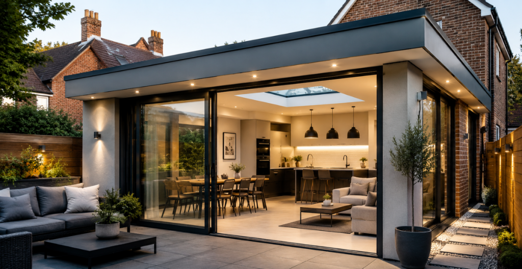 A Houses Kitchen-Diner extension with a flat roof and bifold doors