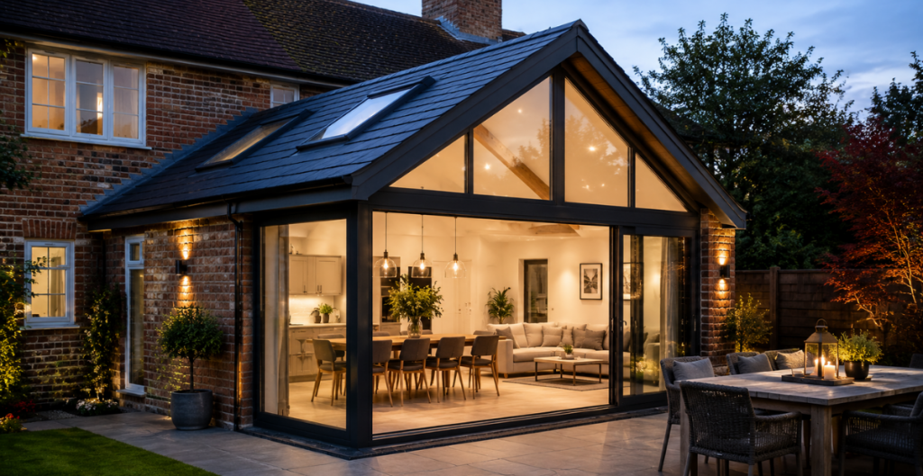 A houses Dining-Sitting room extension with a pitches roof