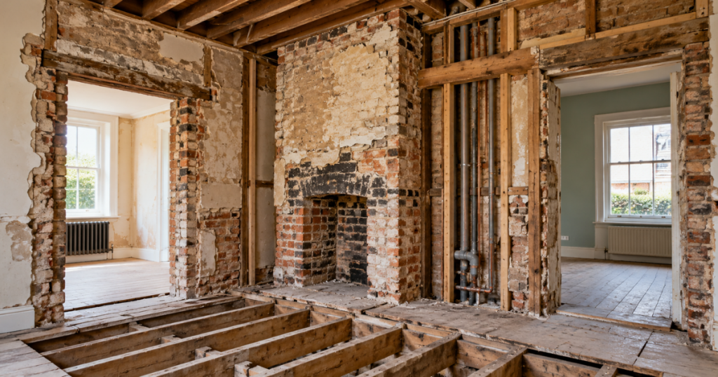 an old chimney breast of exposed brick